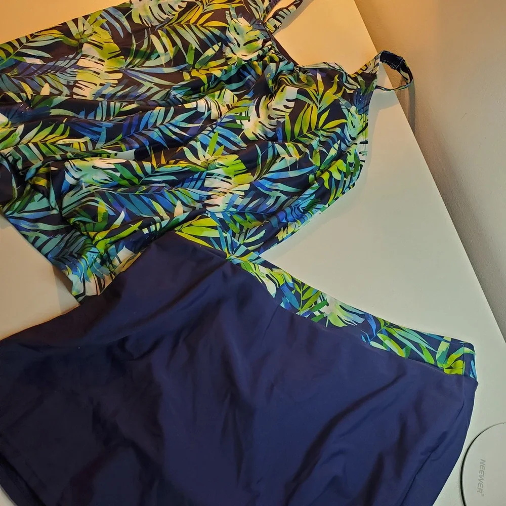 Yonique Tropical Palm Tankini Set Blue Green Swim Skirt Two Piece NWT